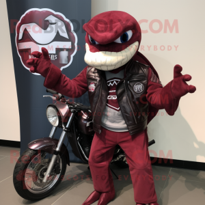 Maroon Hydra mascot costume character dressed with a Moto Jacket and Scarf clips