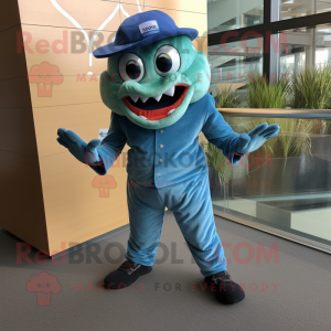 Cyan Piranha mascot costume character dressed with a Bootcut Jeans and Gloves
