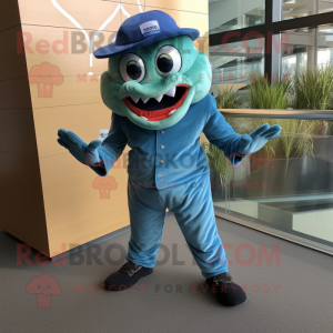 Cyan Piranha maskot kostume...