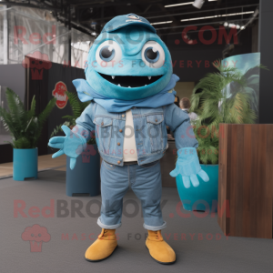 Cyan Piranha mascot costume character dressed with a Bootcut Jeans and Gloves