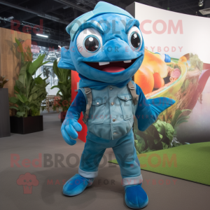 Cyan Piranha maskot kostume...