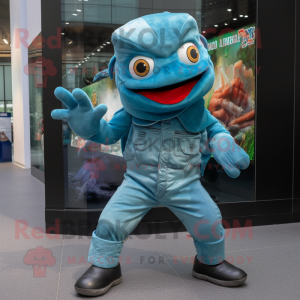 Cyan Piranha mascot costume character dressed with a Bootcut Jeans and Gloves