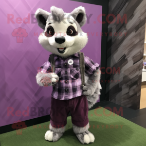 Purple Civet mascot costume character dressed with a Flannel Shirt and Lapel pins