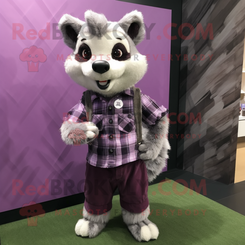 Purple Civet mascot costume character dressed with a Flannel Shirt and Lapel pins Purple Civet mascot costume character dressed with a Flannel Shirt and Lapel pins