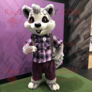 Purple Civet mascot costume character dressed with a Flannel Shirt and Lapel pins