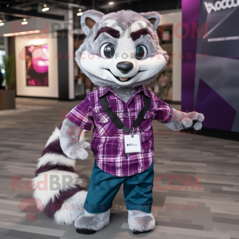 Purple Civet mascot costume character dressed with a Flannel Shirt and Lapel pins Purple Civet mascot costume character dressed with a Flannel Shirt and Lapel pins