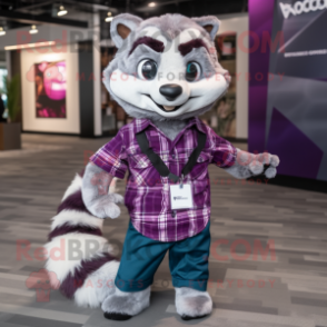 Purple Civet mascot costume character dressed with a Flannel Shirt and Lapel pins