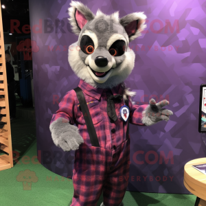 Purple Civet mascot costume character dressed with a Flannel Shirt and Lapel pins