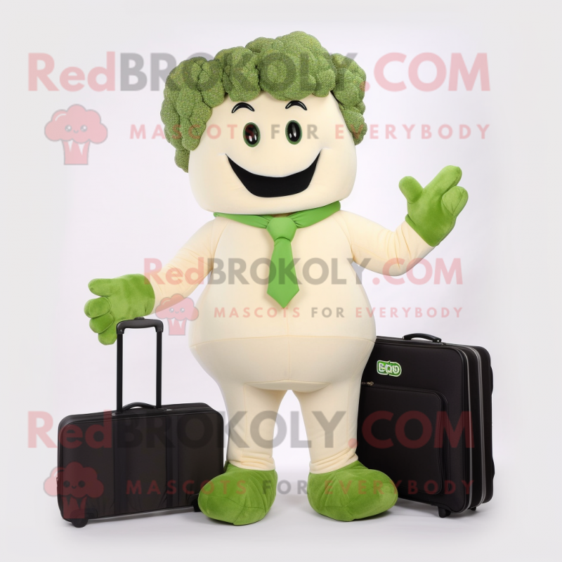 Cream Broccoli mascot costume character dressed with a Bodysuit and Briefcases Cream Broccoli mascot costume character dressed with a Bodysuit and Briefcases