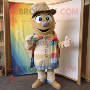 Tan Rainbow mascot costume character dressed with a Chambray Shirt and Shawl pins