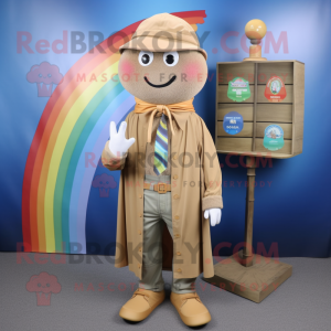 Tan Rainbow mascot costume character dressed with a Chambray Shirt and Shawl pins