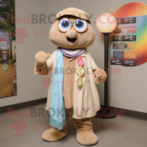 Tan Rainbow mascot costume character dressed with a Chambray Shirt and Shawl pins