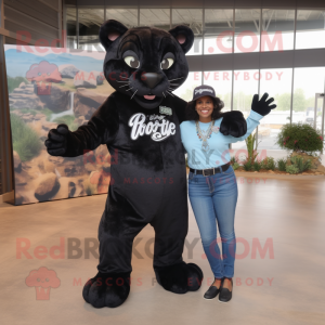 Black Jaguar mascot costume character dressed with a Mom Jeans and Shoe clips
