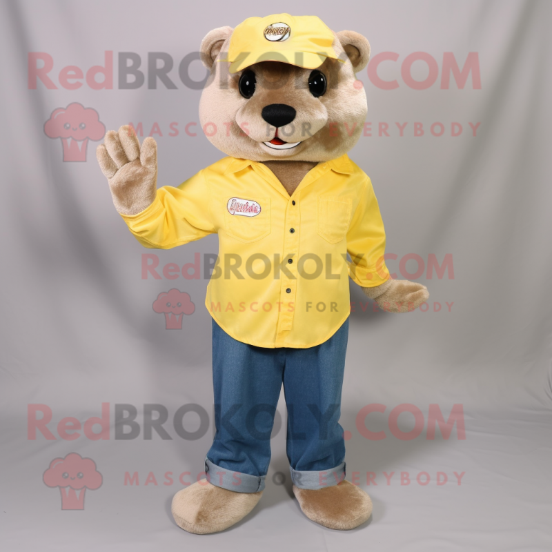 Lemon Yellow Otter mascot costume character dressed with a Denim Shirt and Foot pads