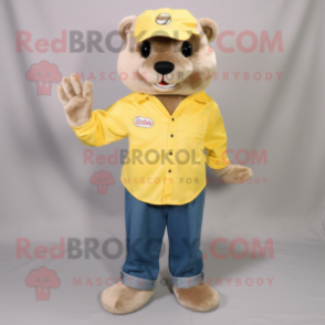 Lemon Yellow Otter mascot costume character dressed with a Denim Shirt and Foot pads