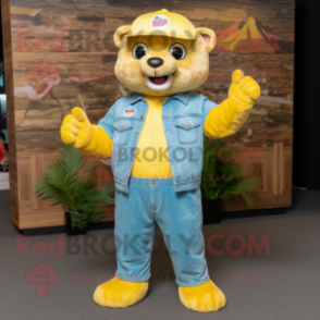 Lemon Yellow Otter mascot costume character dressed with a Denim Shirt and Foot pads