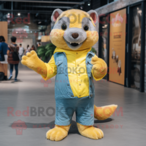 Lemon Yellow Otter mascot costume character dressed with a Denim Shirt and Foot pads