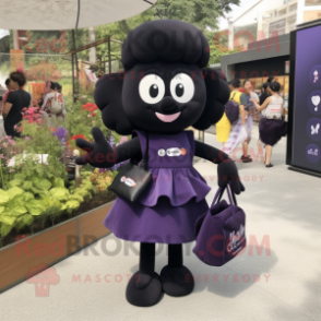 Black Plum mascot costume character dressed with a Mini Skirt and Tote bags