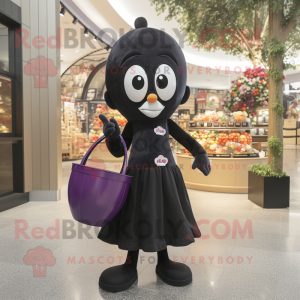 Black Plum mascot costume character dressed with a Mini Skirt and Tote bags