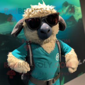 Teal Suffolk Sheep mascot costume character dressed with a Shorts and Sunglasses