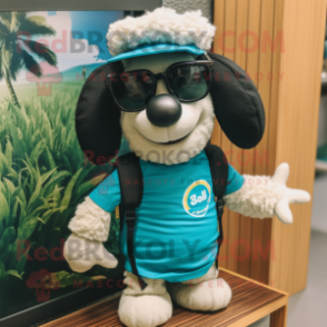 Teal Suffolk Sheep mascot costume character dressed with a Shorts and Sunglasses