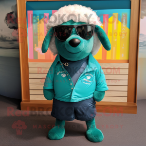 Teal Suffolk Sheep mascot costume character dressed with a Shorts and Sunglasses