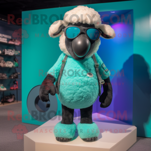 Teal Suffolk Sheep mascot costume character dressed with a Shorts and Sunglasses