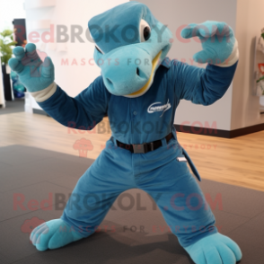 Teal Komodo Dragon mascot costume character dressed with a Bootcut Jeans and Mittens