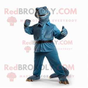 Teal Komodo Dragon mascot costume character dressed with a Bootcut Jeans and Mittens