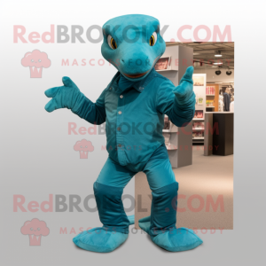 Teal Komodo Dragon mascot costume character dressed with a Bootcut Jeans and Mittens