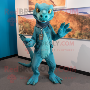 Teal Komodo Dragon mascot costume character dressed with a Bootcut Jeans and Mittens