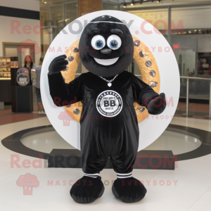 Black Bagels mascot costume character dressed with a Henley Tee and Rings