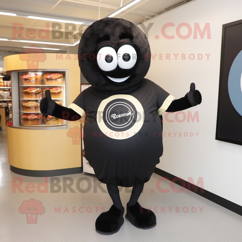 Black Bagels mascot costume character dressed with a Henley Tee and Rings Black Bagels mascot costume character dressed with a Henley Tee and Rings