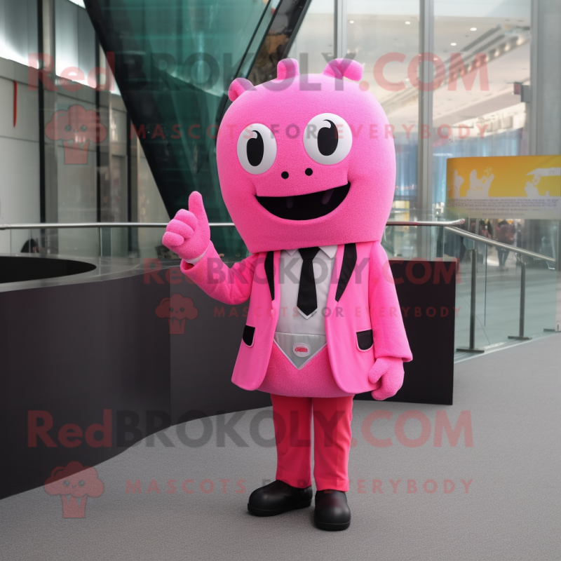 Pink Bracelet mascot costume character dressed with a Suit Jacket and Messenger bags Pink Bracelet mascot costume character dressed with a Suit Jacket and Messenger bags