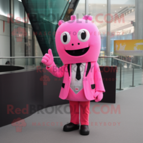 Pink Bracelet mascot costume character dressed with a Suit Jacket and Messenger bags
