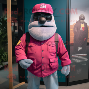 Magenta Marine Recon mascot costume character dressed with a Denim Shorts and Beanies