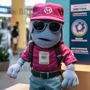 Magenta Marine Recon mascot costume character dressed with a Denim Shorts and Beanies