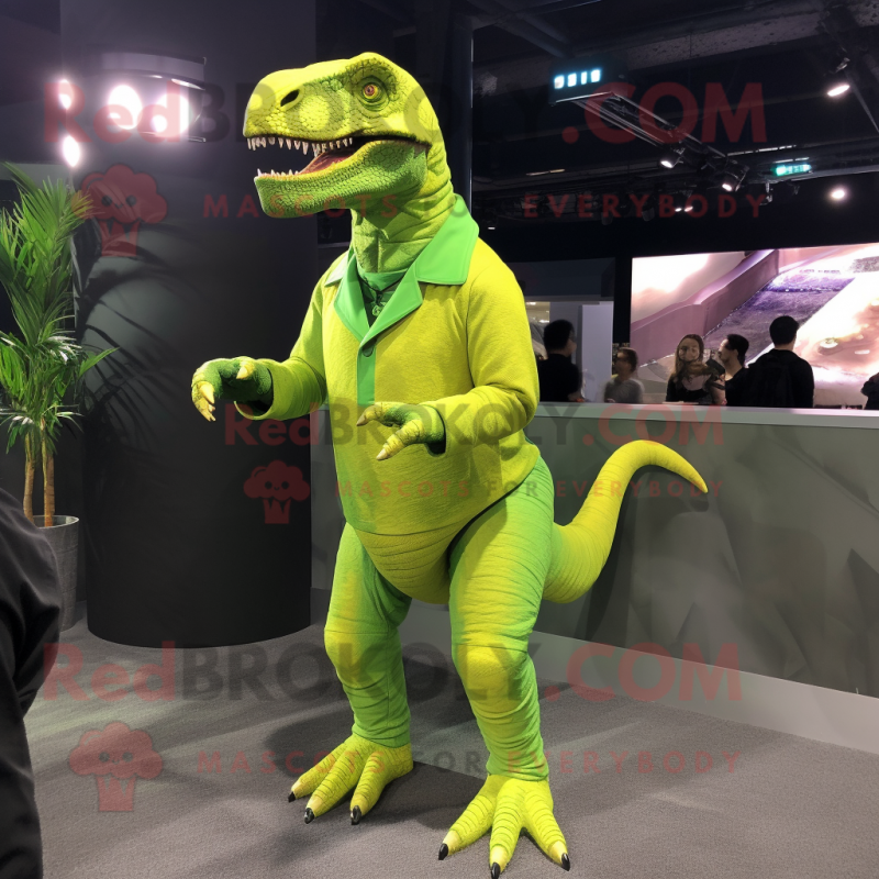 Lime Green Tyrannosaurus mascot costume character dressed with a A-Line Dress and Belts