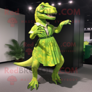 Lime Green Tyrannosaurus mascot costume character dressed with a A-Line Dress and Belts