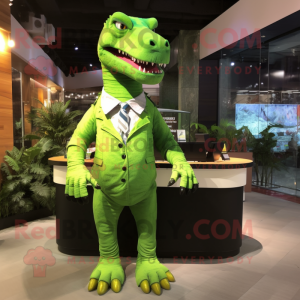 Lime Green Tyrannosaurus mascot costume character dressed with a A-Line Dress and Belts