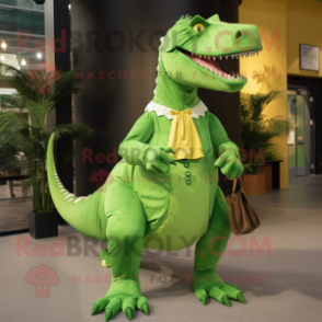 Lime Green Tyrannosaurus mascot costume character dressed with a A-Line Dress and Belts