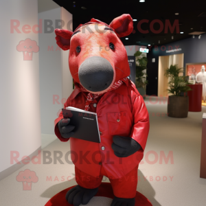 Red Tapir mascot costume character dressed with a Henley Shirt and Cufflinks