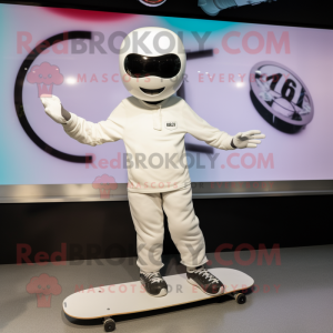 White Skateboard mascot costume character dressed with a Long Sleeve Tee and Smartwatches