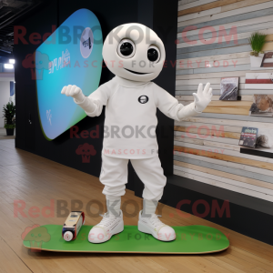 White Skateboard mascot costume character dressed with a Long Sleeve Tee and Smartwatches