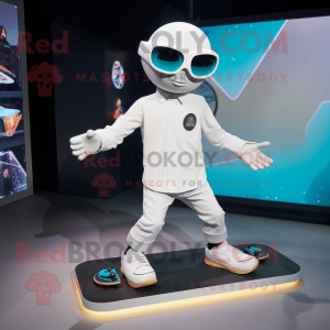 White Skateboard mascot costume character dressed with a Long Sleeve Tee and Smartwatches