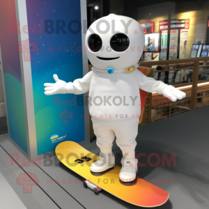 White Skateboard mascot costume character dressed with a Long Sleeve Tee and Smartwatches