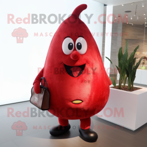 Red Pear mascot costume character dressed with a Waistcoat and Shoe laces