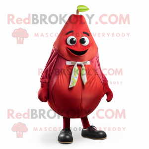 Red Pear mascot costume character dressed with a Waistcoat and Shoe laces