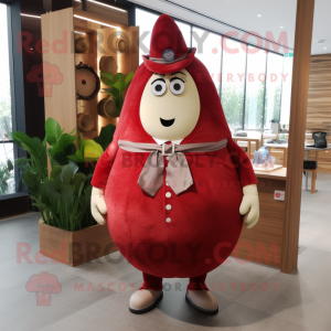 Red Pear mascot costume character dressed with a Waistcoat and Shoe laces