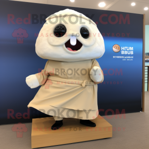 Beige Dim Sum mascot costume character dressed with a Board Shorts and Wraps